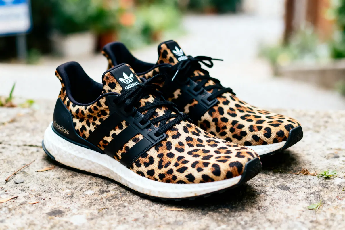Paire de baskets adidas au motif léopard, posée sur sol extérieur.