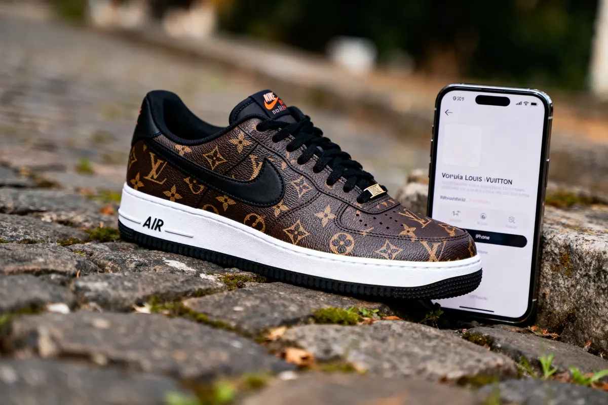 Baskets avec motif Louis Vuitton sur pavés, téléphone affichant une application à côté.