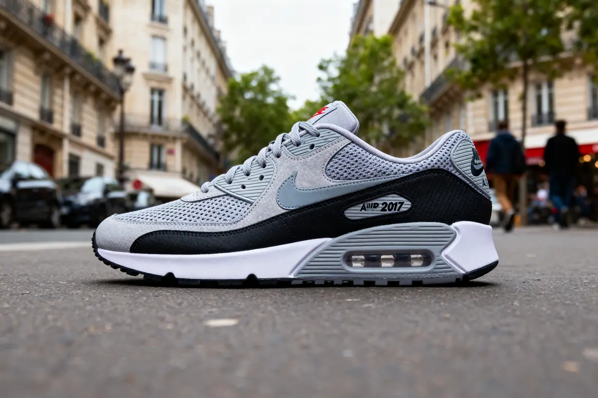 Basket grise posée sur une rue pavée, avec bâtiments en arrière-plan flou. Nike Air Max 2017.