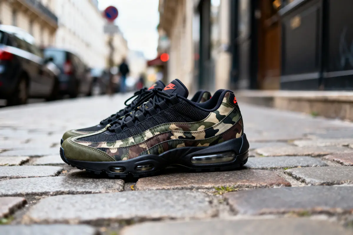 Chaussures Nike Air Max 95 camouflage posées sur rue pavée citadine floue en arrière-plan.