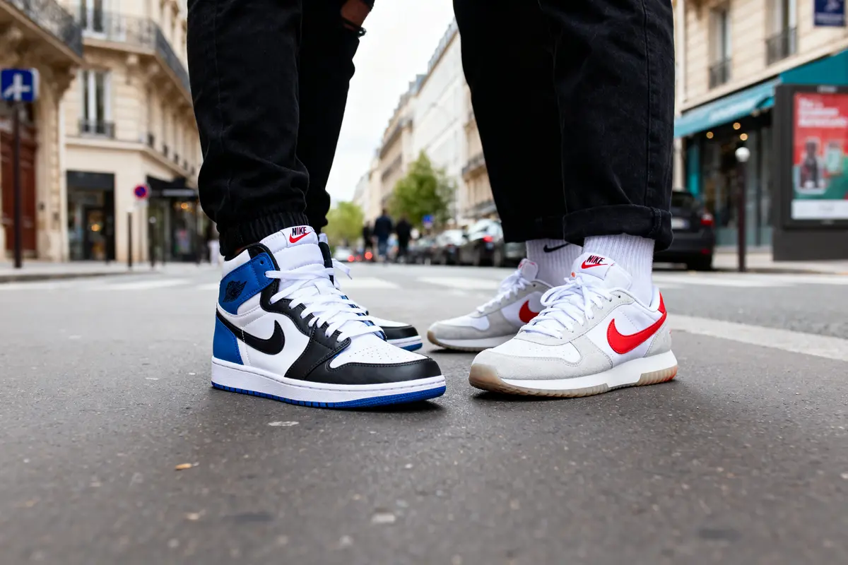 Deux personnes portant des sneakers Nike dans la rue, prise de vue rapprochée au niveau des pieds.
