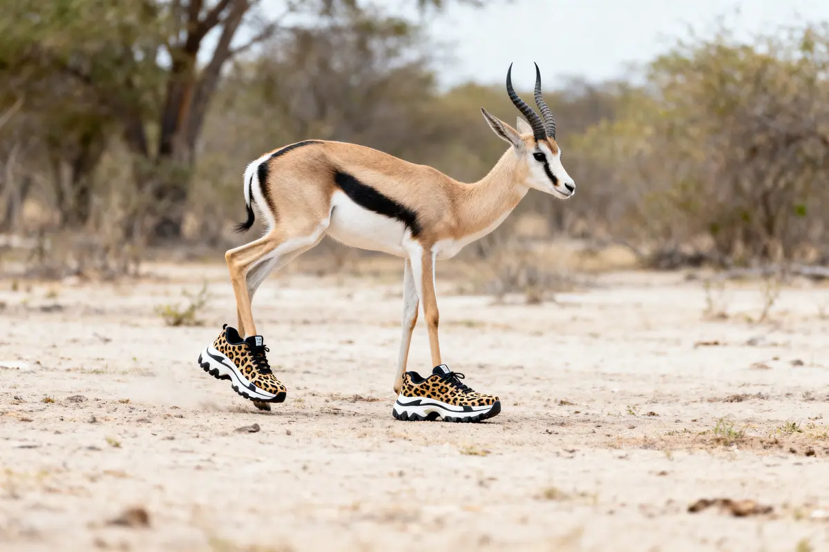 Antilope marchant dans le désert, portant des baskets imprimé léopard, arbres en arrière-plan.