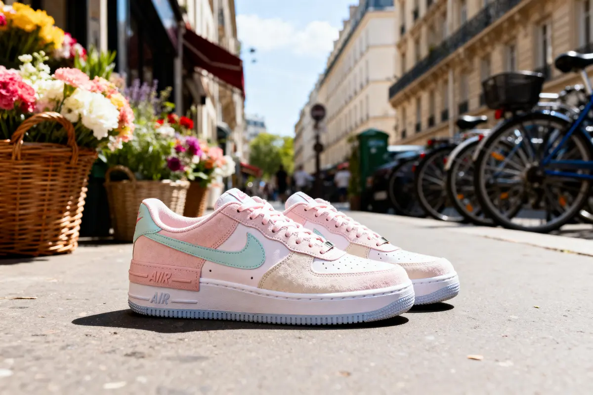 Des baskets roses et vertes sur un trottoir parisien devant un fleuriste.