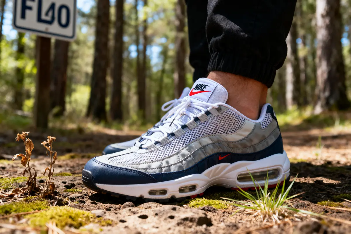 Chaussure de sport Nike Air Max 95 sur chemin forestier avec un panneau flou à l'arrière.