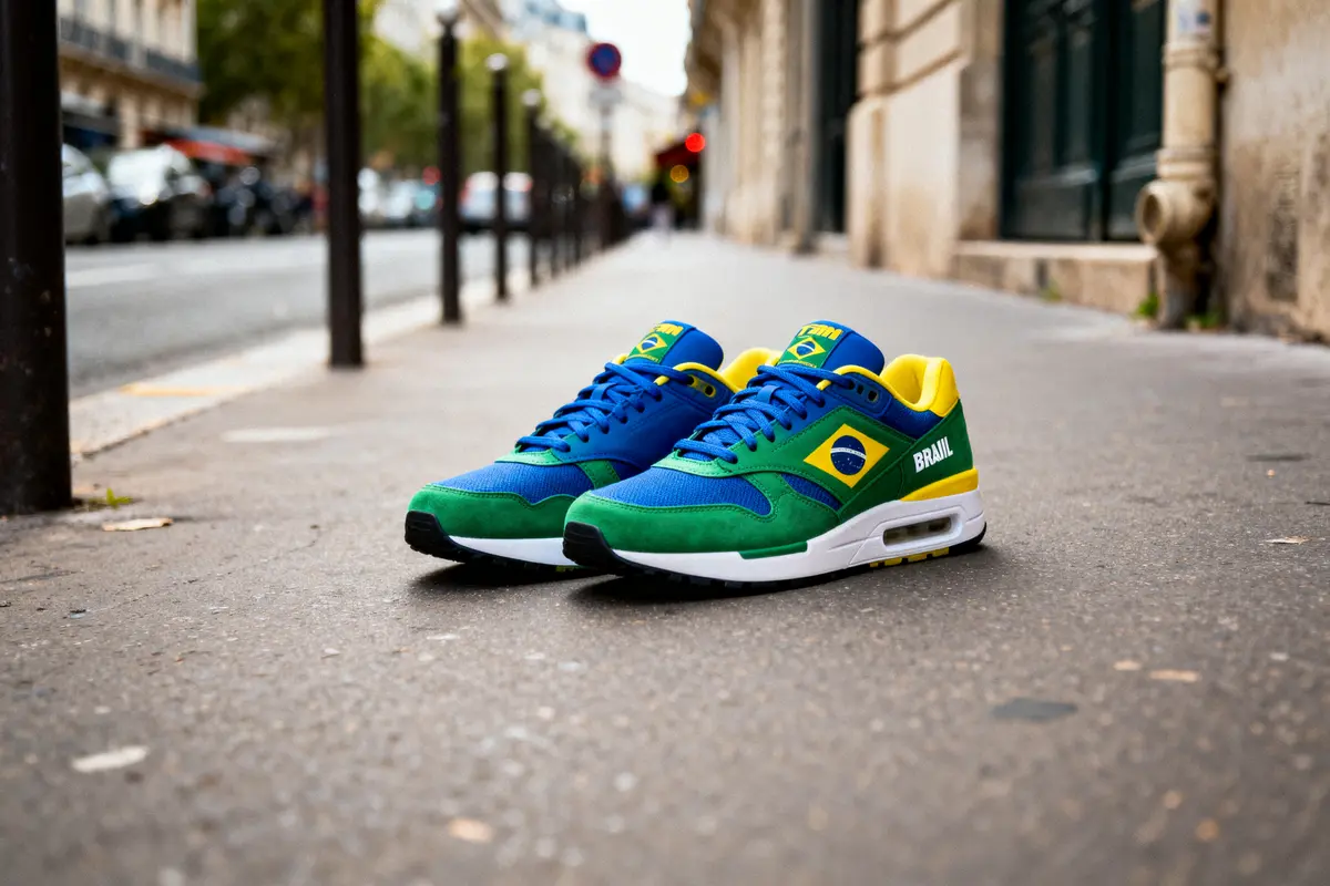 Chaussures aux couleurs brésiliennes sur un trottoir parisien, arrière-plan urbain flou.