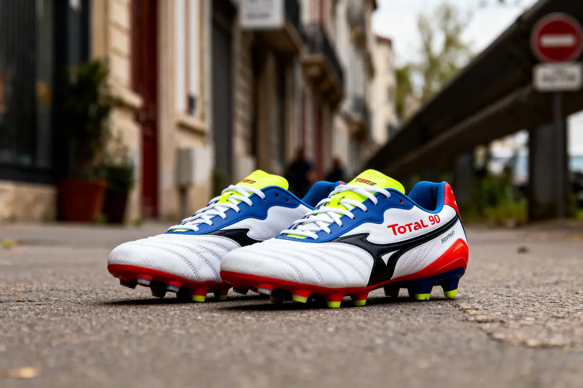 Chaussures de football Total 90 blanches, rouges et bleues, posées sur un trottoir urbain.