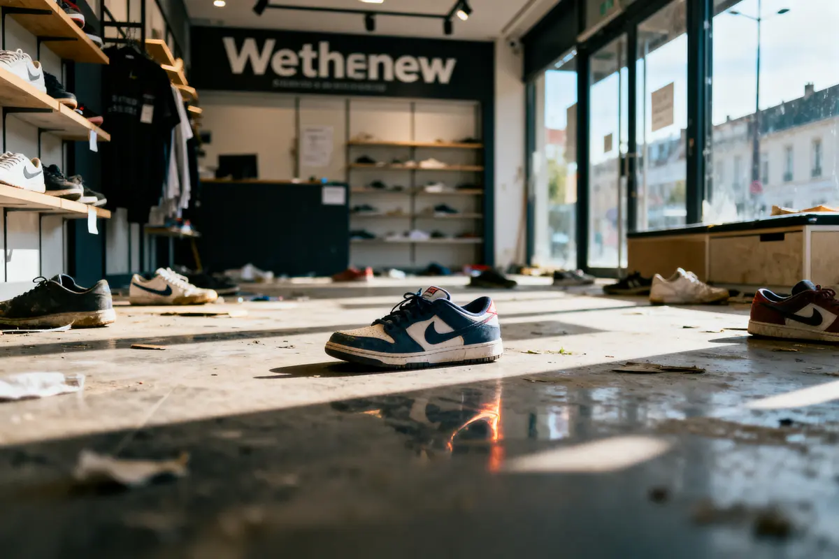 Magasin de baskets désorganisé, chaussures éparpillées au sol, reflet sur le carrelage, enseigne "Wethenew" en arrière-plan.