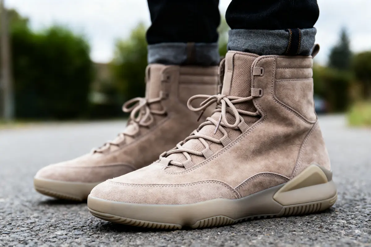 Bottes en cuir beige clair sur route pavée, manches de pantalon retroussées.