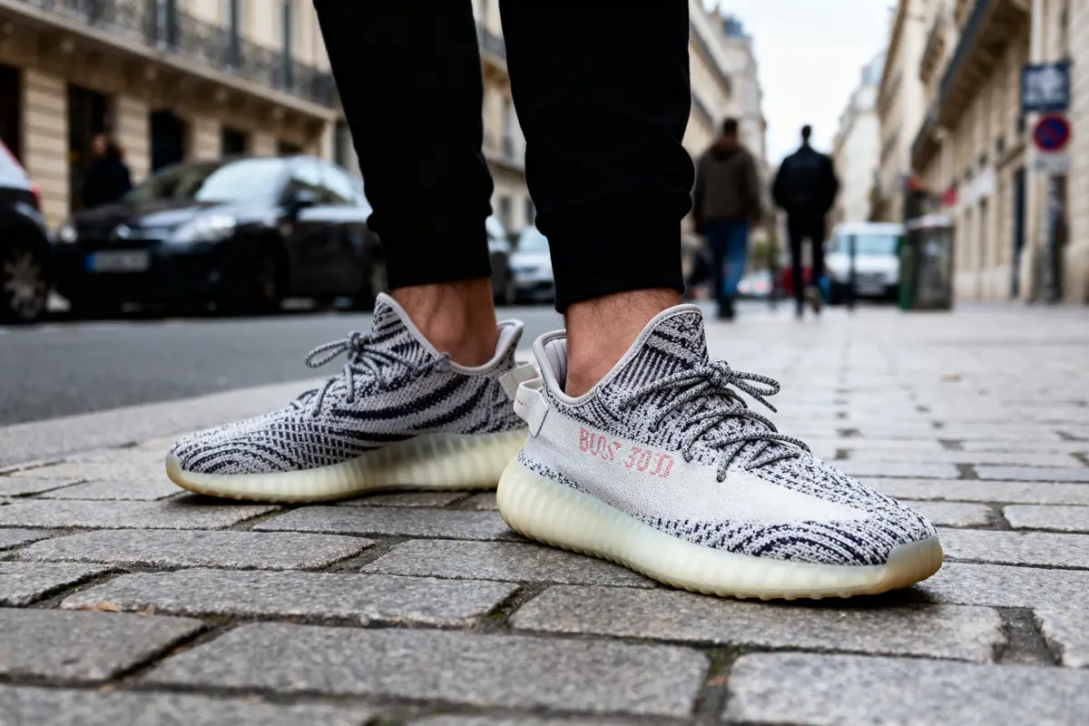Des baskets blanches et noires modernes portées dans une rue pavée urbaine animée.