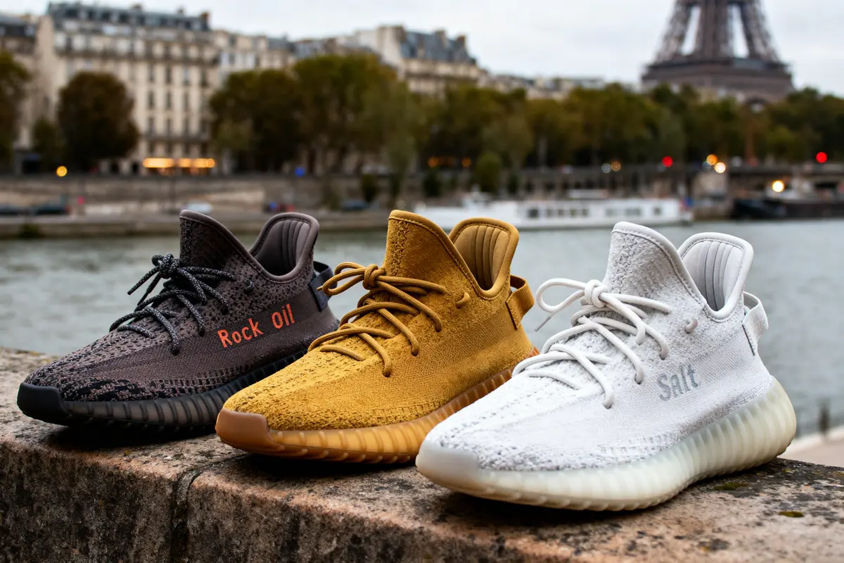 Trois paires de baskets colorées posées sur un muret urbain, tour Eiffel en arrière-plan.