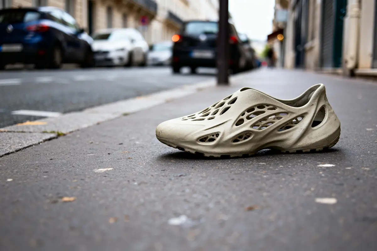 Chaussure beige perforée sur trottoir urbain, voitures en arrière-plan flou sur une rue pavée.