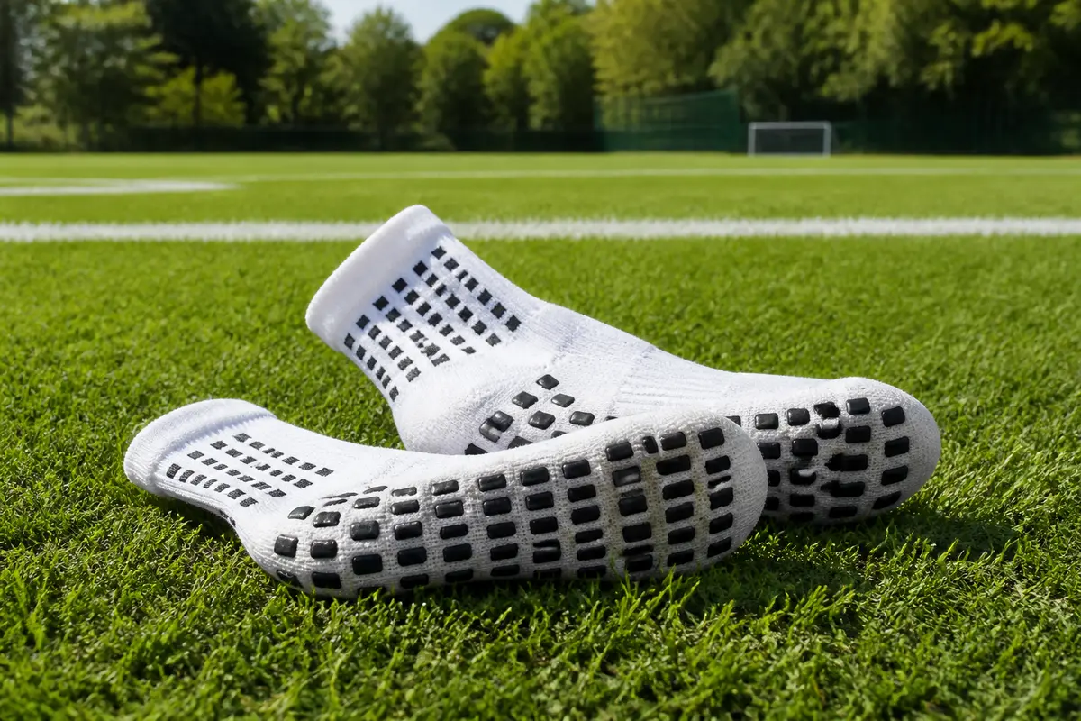 Chaussettes de sport blanches antidérapantes posées sur un terrain de football en gazon synthétique.