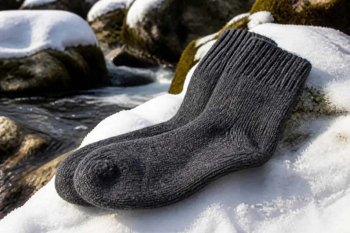 Chaussettes en laine grises posées sur neige près d'une rivière. Contexte hivernal et nature environnante.