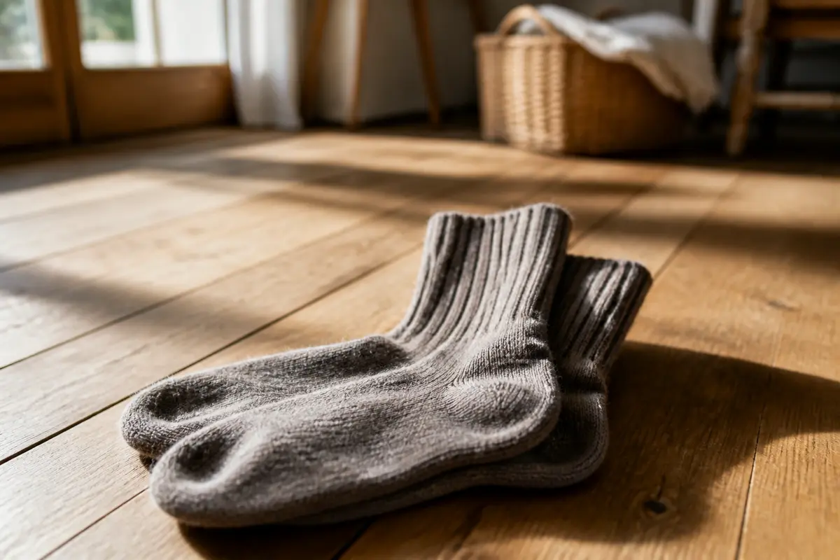 Chaussettes en laine grise posées sur un parquet en bois éclairé par le soleil.