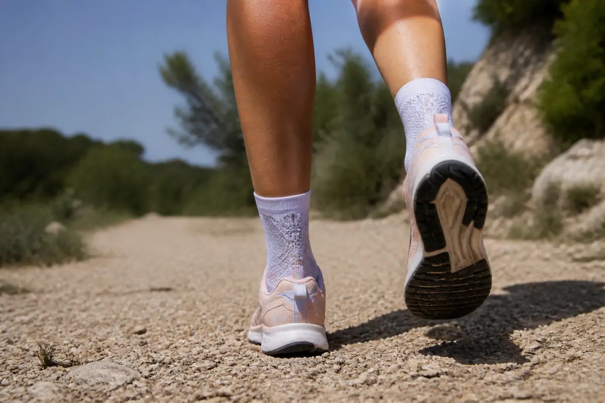 Femme courant avec des chaussures et chaussettes running adaptées sur chemin ensoleillé.
