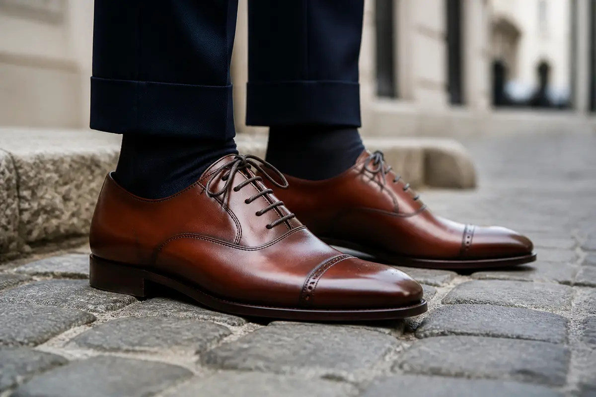 Chaussures élégantes en cuir marron, homme en costume bleu sur des pavés de rue.