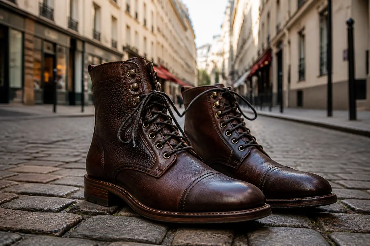 Chaussures montantes en cuir marron sur pavés urbains