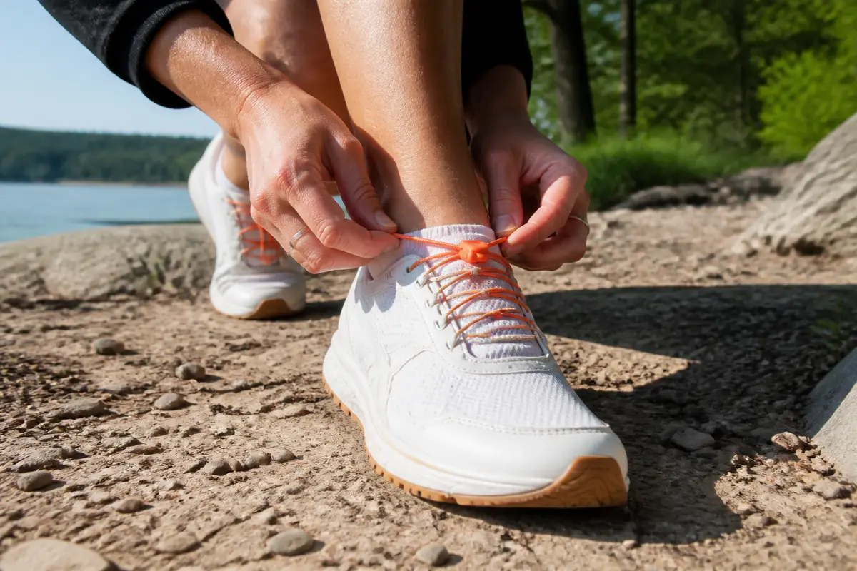 Personne lace des chaussures de sport blanches avec lacets orange sur sentier de randonnée.