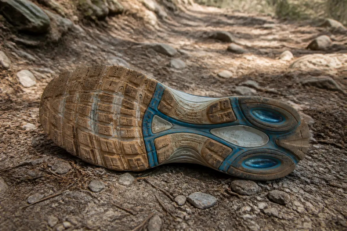 Gros plan sur une semelle de chaussure sale sur un chemin rocheux en forêt